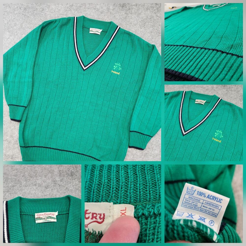 Celtic Country Mens XL Irish Ireland Acrylic Knit Green V Neck Varsity‎ Sweater